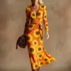 Vestido Transfronteiriço Novo Estilo com Decote em V e Mangas Longas com Elementos de Impressão Digital 3D, Saia Fashion e Personalizada para Marcar a Cintura Feminina