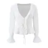 Camisa de Manga Larga con Adorno de Encaje Estilo Deseo Puro, Sexy Cuello en V, Capas Decorativas con Lazos, Ajuste Delgado, Top de Color Sólido para Mujer