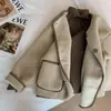 Estilo Nuevo Otoño e Invierno Estilo Coco Bloques de Color Ribeteado Abrigo de Lana de Cordero para Mujer Cuello Redondo Un Botón Bolsillos Grandes Cárdigan de Felpa