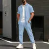 Conjunto nuevo para hombre estilo europeo y americano transfronterizo: cardigan casual de color liso, con cuello, tejido jacquard, transpirable, con cierre, de manga corta, traje de pantalón largo