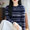 Top de punto fino con rayas jacquard retro para mujer, cuello redondo, corte ajustado, suéter elástico, top de capa interior para otoño/invierno
