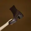 Botas finas de terciopelo elástico con costuras de piel de oveja, punta redonda, tacón alto, plataforma impermeable, forro de felpa, tacón grueso, botas cortas para mujer, talla 40