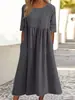 Comercio Exterior Transfronterizo 2026 Primavera/Verano Nueva Ronda Cuello 5/4 Manga Larga Talla Grande Casual Holgado Largo Color Sólido Algodón Lino Vestido