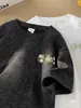 Camiseta de Manga Corta de Seda Helada Lavada con Arena Pesada de 240G para Niños Verano Marca de Tendencia Bordada Tencel Manga Media Suelta Cuello Redondo