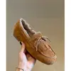Otoño Invierno Mocasines Retro para Mujer Felpa Plus Calientes Slip-ons Franceses Zapatos Planos de Una Sola Pieza Punta Redonda Versátiles Zapatos de Piel con Borlas