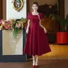 Vestido rojo de manga corta y escote cuadrado, de longitud media, para mujer, con detalle de lazo, adecuado para recepciones de compromiso, elegante y adelgazante, adecuado para banquetes y como un pequeño vestido formal