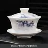 Taza de té de cerámica pintada a mano en tres partes para uso doméstico, juego de té kung fu de alta gama, cuenco para preparar té, regalo premium con logotipo personalizado