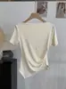 Camiseta Omalai sin Hombros con Fruncido Lateral y Dobladillo Irregular, Manga Corta, Color Sólido, Top para Mujer, Foto Real 7024