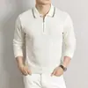 Camisa polo de manga larga con cuello acanalado jacquard para hombre, nuevo modelo de otoño 2026, camiseta casual de color liso con media cremallera para hombre