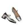 Tacón Grueso Rojo Zapatos Individuales Zapatos de Mujer 2023 Nuevo Verano Tacón Medio Alto Plata Mary Jane Zapatos de Noche con Falda