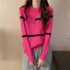 Outono e Inverno Gola Redonda Estilo Coreano Pulôver Listrado Manga Longa Tricotado Camiseta de Base para Mulheres Solto Bordado Carinha Sorridente Top Slim para Mulheres