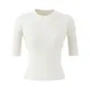 Top de punto ajustado con cuello redondo estilo Lujo Ligero para mujer, Nueva camiseta de manga corta de alta gama negra de Lyocell Tencel para verano