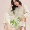 Pijama de rayón para mujer suave cómodo natural transpirable saludable conjunto holgado cuerda para atar ropa de casa se puede usar afuera