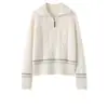 Novo suéter de malha de cashmere outono e inverno para mulheres, com zíper parcial, gola virada, pulôver, casual, modelagem solta, afina a silhueta, peça superior espessa