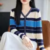 Cárdigan de punto a rayas de color block de alta gama con cuello en V para mujer, de manga larga, de hilo fino, ligero, corte holgado, cálido y cómodo
