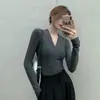 Suéter de malha outono e inverno feminino slim fit elástico decote V profundo camisa base estilo puro sexy manga longa top atacado