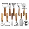 Set de Gadgets de Cocina de Madera de Acacia Cuchillo Pelador de Acero Inoxidable Rallador de Queso Cuchillo Cortador de Pizza Combinación de Herramientas para Hornear