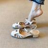 Zapatos Romanos Huecos Transpirables de Tacón Grueso Negro para Mujer con Punta Cuadrada Sandalias Retro Camelia