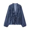 Comercio Exterior Transfronterizo Ropa de Mujer Primavera 2026 Estilo Europeo y Americano Camisa de Gasa con Cuello en V y Mangas Largas con Decoración en Capas