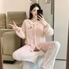 Pijama com Bojo para Mulheres, Calça Longa Bordada em Renda para Primavera e Outono, Roupa de Casa Doce Casual Fina de Algodão Nuvem