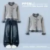 Conjunto de moda estilo coreano, nueva colección primavera/otoño: Cárdigan dulce de manga larga con lazo y pantalones vaqueros holgados, un conjunto de dos piezas