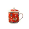 Taza Pequeña de Cerámica Estilo Tíbet con Tapa, Taza de Agua con los Ocho Símbolos Auspiciosos, Taza de Dragón, Taza de Té con Asa, Taza de Té con Mantequilla, Taza de Té de 220 ml
