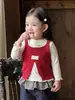 [Personalizado] Conjunto de Chaleco Tejido para Bebé, Camiseta de Manga Larga para Niñas, Pantalones de Mezclilla Elegantes, Conjunto de Tres Piezas, Ropa de Otoño para Niños