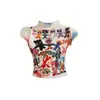 Top de Verão Feminino Novo Retro Europeu e Americano Ins com Gola Alta Estampa Waffle Camiseta de Manga Curta com Peixe Koi Oriental Atacado