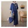 Conjunto retro bordado de algodão e linho para mulheres, camisa fashion pulôver de verão, calça leve de perna larga, efeito emagrecedor, conjunto de duas peças para mães