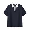 Verão Novo Polo Fino de Seda Gelo para Estudantes Jovens Masculinos e Femininos Bloqueado por Cores Lapela com Meio Zíper Camiseta Manga Três Quartos Moderna