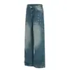 L831 Estilo High Street Americano Unisex Gama Alta Azul Lavado Remache Diseño Metálico Jeans Rectos Holgados para Hombre