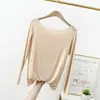 Camiseta base de modal y algodón para primavera y verano para mujer, camiseta de manga larga talla grande, corte holgado, sin costuras, hombros descubiertos, top fino
