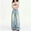 Jeans de Mujer 2026 Estilo Americano Rasgados Azul Claro Diseño de Estrellas Bordado Nuevo Diseño Pierna Ancha Longitud al Suelo