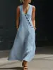 Primavera e Verão 2026 Tiktok Transfronteiriço Europeu e Americano Estilo Preguiçoso Gola V Abotoado Algodão e Linho Vestido Longo Vestido Colete Sem Mangas