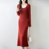 Vestido de punto para mujer 100% lana pura, cuello en U, color liso, cintura alta, adelgazante, cálido, estilo pullover, largo hasta la rodilla
