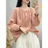 Camisa de Manga Larga de Gasa de Algodón con Volantes y Parches Estilo Coreano Otoño Nuevo para Mujer Color Sólido Holgada Versátil Delgado