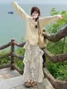 Suéter Veludo Coreano Novo Estilo Cruzado Fênix Estilo Preguiçoso Blusa Vazada Mohair Bege Manga Longa para Mulheres