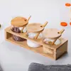 Juego personalizado de tres tarros para condimentos con base, tapa de bambú, cuchara de madera, juego combinado de condimentos de cocina de vidrio de borosilicato alto