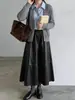 Saia Midi Feminina Elástica de Cintura Alta Outono Inverno Meia-Saia Roupas Femininas Bainha Larga Couro Proteico Saia de Couro Evasê Meia-Saia Saia Longa Feminina