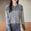 Nuevo cárdigan de punto de algodón puro con cuello redondo, de manga larga, a rayas de bloques de color, holgado, para mujer, de principios de otoño y primavera.