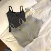 Camisola retro a rayas con botones estilo chino para mujer, corte ajustado con copas, adecuada para usar como capa base o para salir