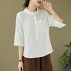 Toma Real de Camisa de Algodón y Lino de Manga Tres Cuartos de Color Sólido con Cuello de Muñeca Estilo Artístico de Verano, Top Elegante y Versátil, Adelgazante y Ligero