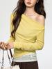 Camiseta Asimétrica de Hombro Caído con Parches de Encaje de Manga Larga para Mujer, Tencel Lyocell, Nuevo Top de Dos Piezas Falsas