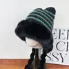 Gorro de Felpa Estilo Coreano con Rayas, Gorro Pullover Grueso de Doble Capa, Tejido Cálido Protector de Orejas, Gorro de Moda Tendencia de Piel Sintética de Visón para Mujer