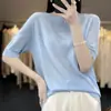 Camiseta de malha feminina de primeira linha sem costura, cor sólida, gola redonda, modelagem solta que afina, manga curta, para primavera e verão, lã penteada fina