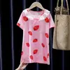 Camisola de Verão Fina Infantil Gola Redonda Manga Curta Babados Estampa de Princesa Doce Nova Meninas Peça Única Roupa de Casa