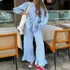 Conjunto de Dos Piezas de Pantalón a Cuadros de Algodón Puro Transfronterizo de Manga Larga Traje de Pantalón con Blusa Fruncida Nuevo Otoño 2025 Europeo y Americano