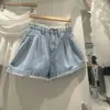 Shorts jeans de cintura alta em A com barra de renda, emagrecedor, para mulheres, novo verão 2026, versátil para o dia a dia, de perna larga, hot pants