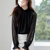 Blusa de gasa negra para mujer con un elegante cuello mao, blusa de malla, top estilo vintage de Hong Kong para primavera/otoño 2026