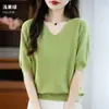 Pronta para usar de primeira linha, gola V, malha, manga curta, feminina, verão e outono, nova, solta, fina, meia-manga, top, vestuário feminino cross-border, atacado